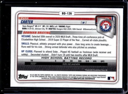 2020 Bowman Draft Evan Carter #BD-126 Blue Refractor 1st /150