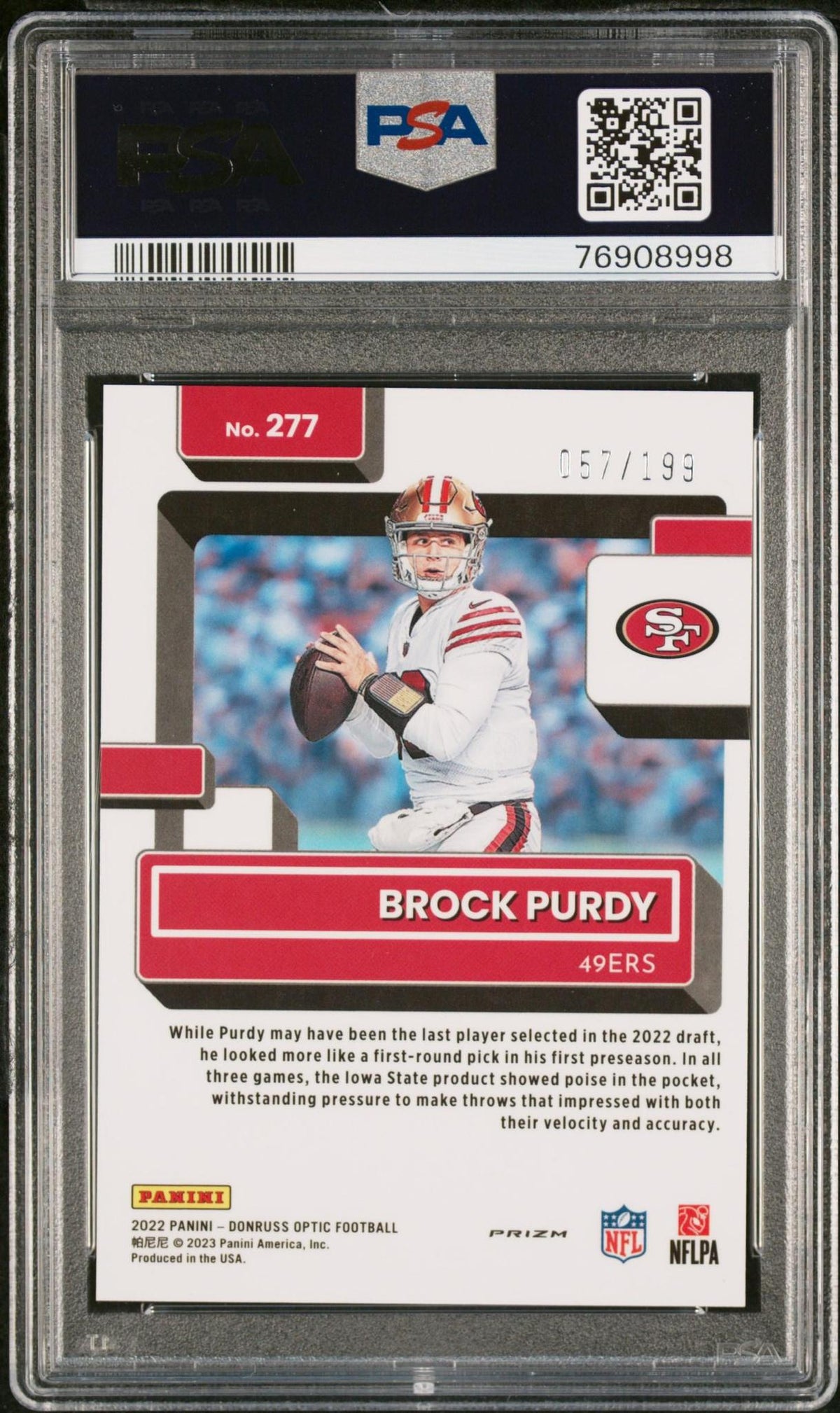2022 PANINI DONRUSS OPTIC 277 BROCK PURDY ORANGE PSA 10