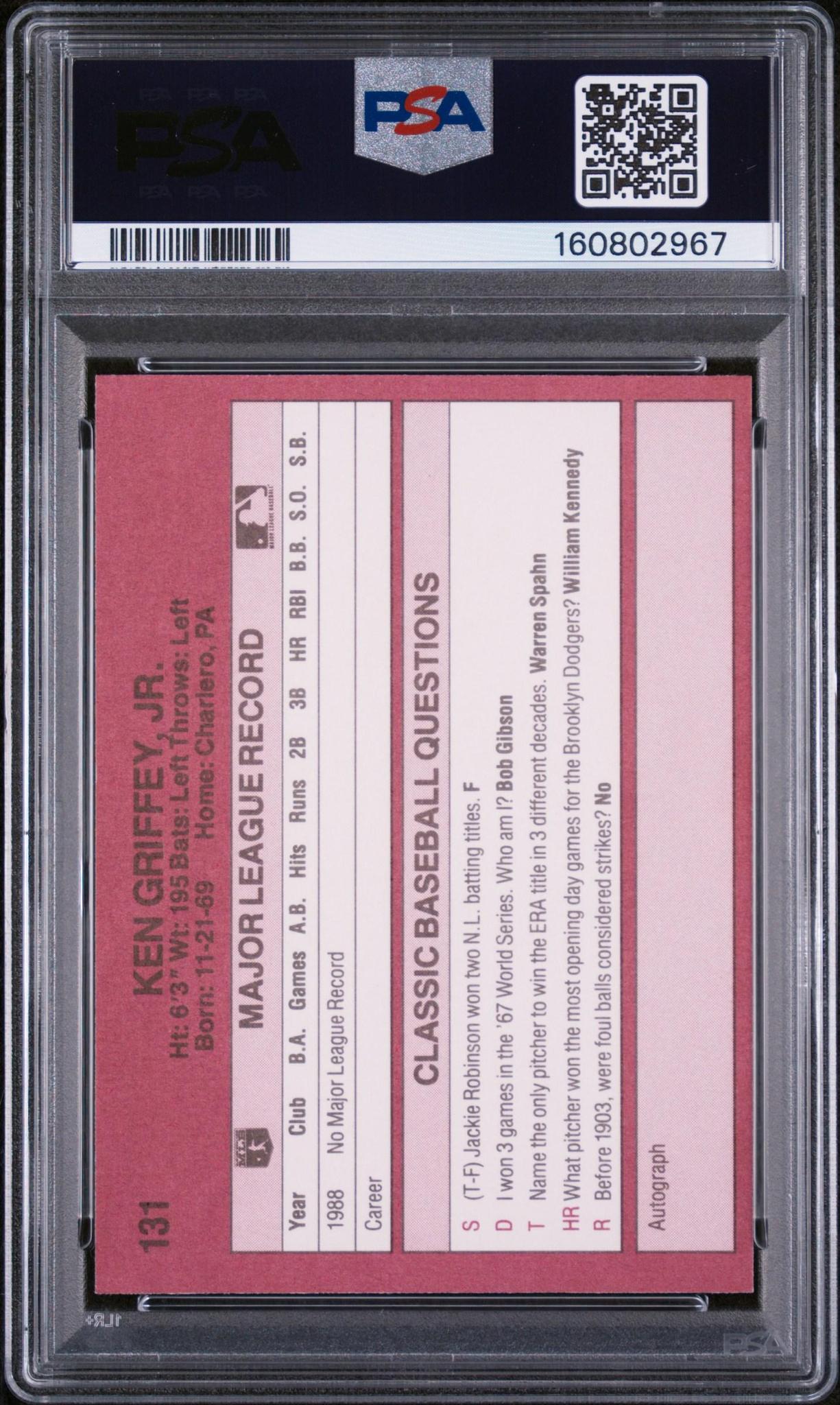 1989 CLASSIC TRAVEL UPDATE I 131 KEN GRIFFEY JR. PSA 10