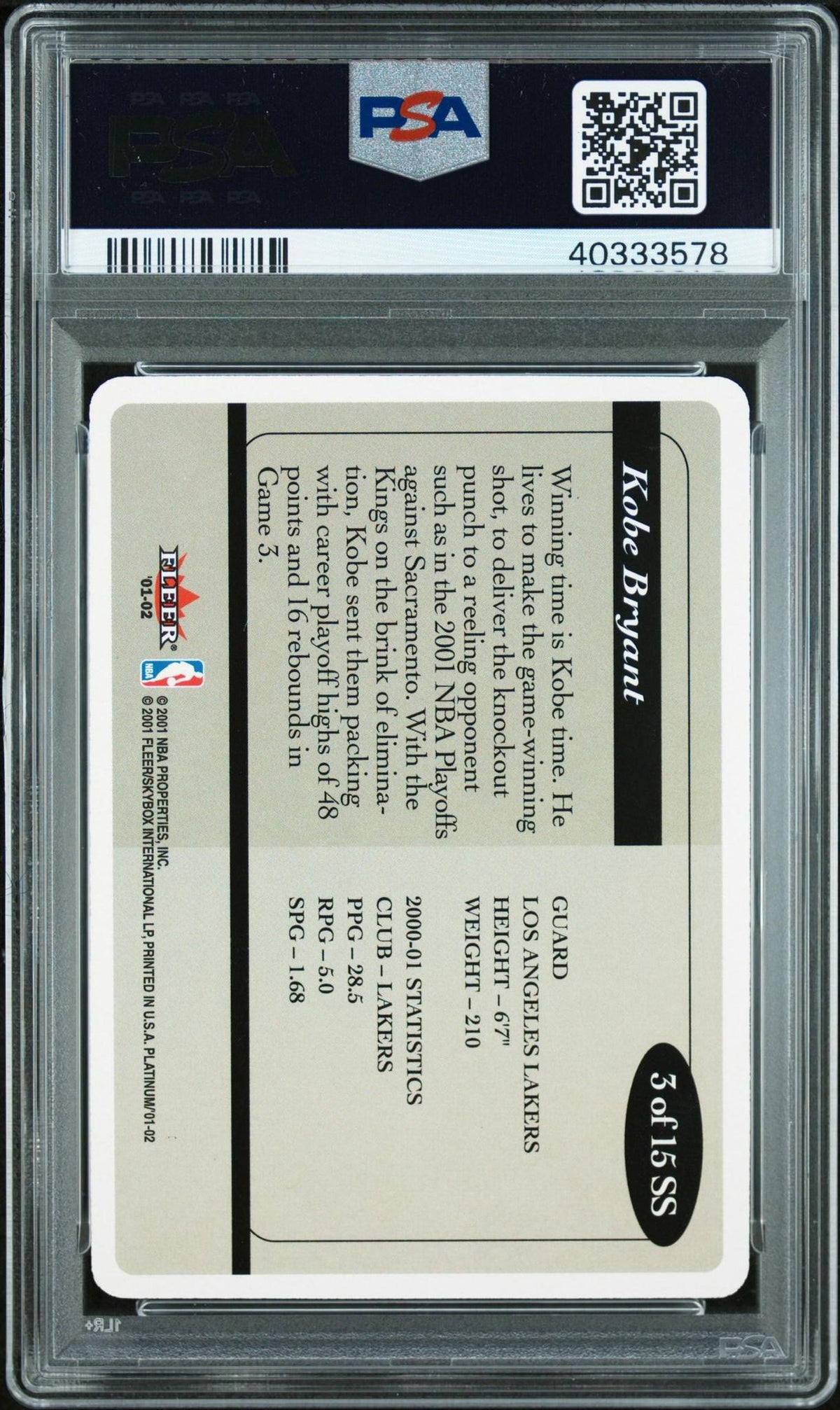 2001 FLEER PLATINUM STADIUM STANDOUTS 3 KOBE BRYANT PSA 10