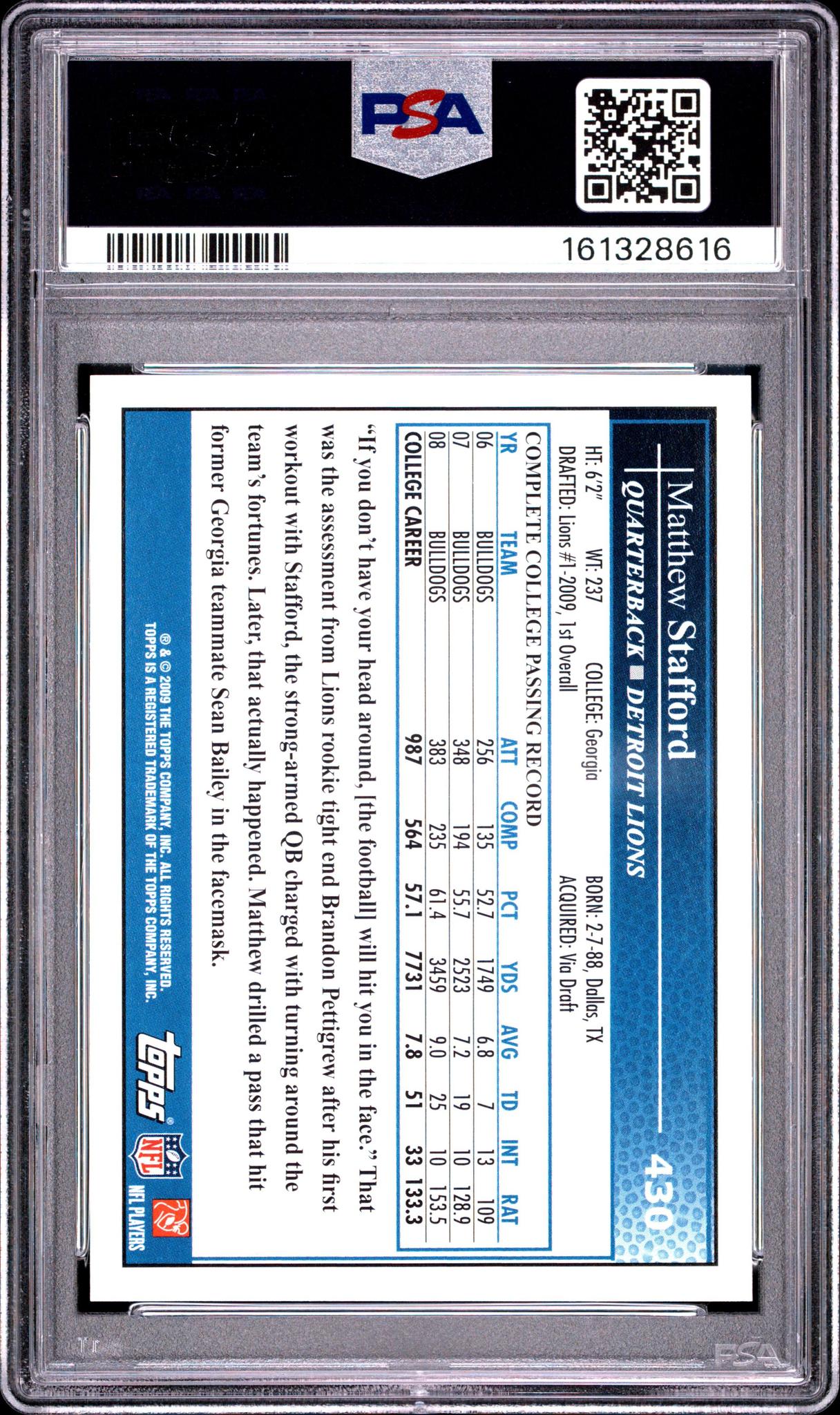 2009 TOPPS 430 MATTHEW STAFFORD THROWING PSA 10