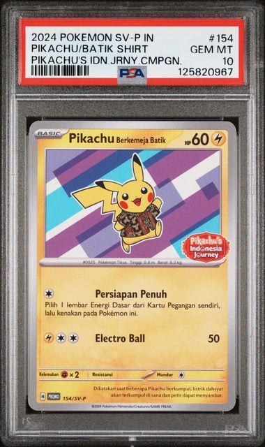 2024 POKEMON INDONESIAN SV-P PROMO #154 PIKACHU/BATIK SHIRT PIKACHU'S IDN.JRNY.CMPGN. PSA 10