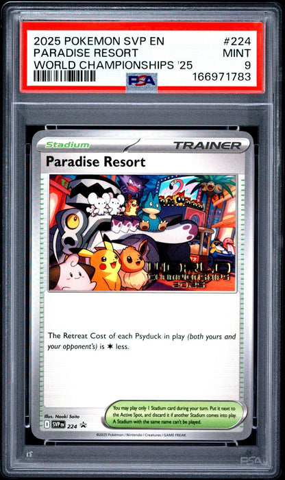 2025 POKEMON SVP EN-SV BLACK STAR PROMO 224 PARADISE RESORT WORLD CHAMPIONSHIPS 2025 PSA 9