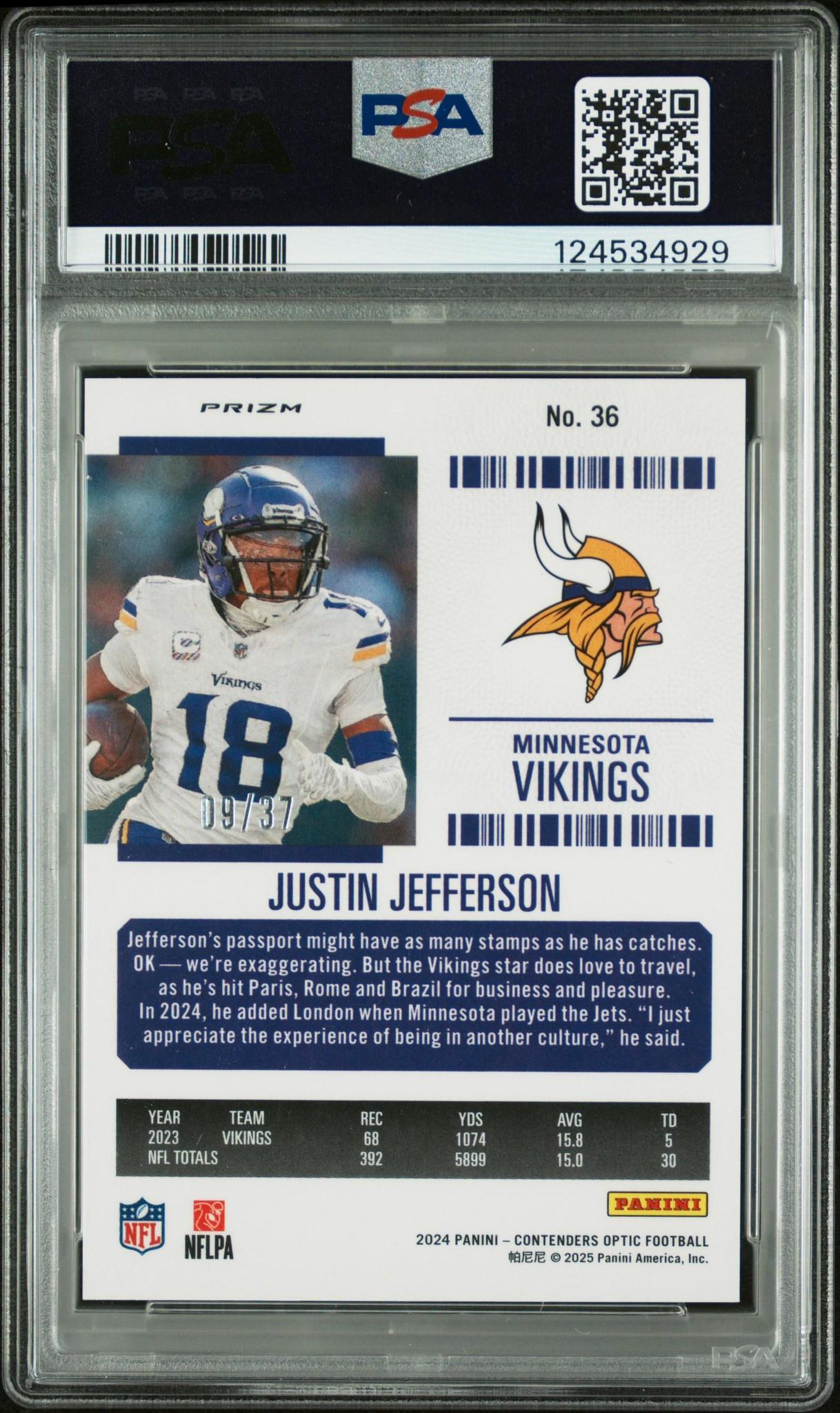 2024 PANINI CONTENDERS OPTIC 36 JUSTIN JEFFERSON PURPLE PULSAR PSA 10