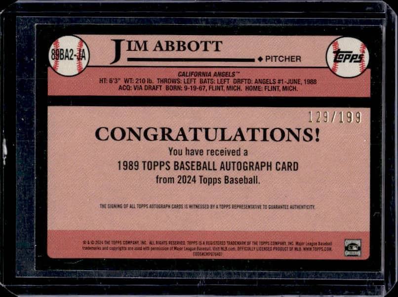 2024 Topps Jim Abbott #89BA2-JA Black Autograph /199