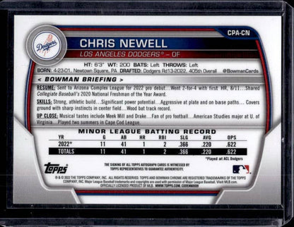 2023 Bowman Chrome Chris Newell #CPA-CN Purple Refractor Autograph /250
