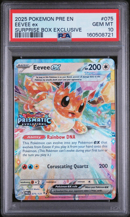 2025 POKEMON PRE EN-PRISMATIC EVOLUTIONS 075 EEVEE EX SURPRISE BOX EXCLUSIVE PSA 10