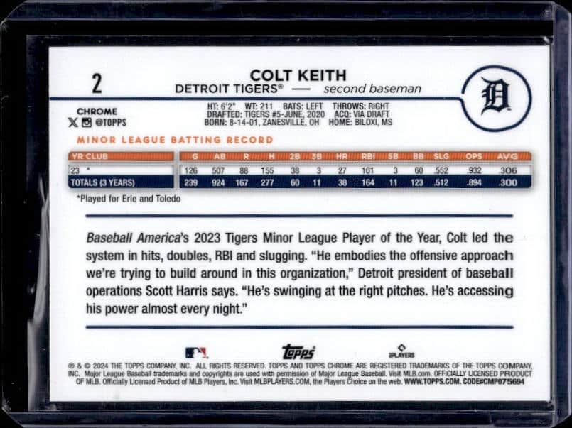 2024 Topps Chrome Colt Keith #2 Rookie Aqua Refractor /199
