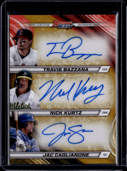2024 Bowman's Best #TA-BKC Travis Bazzana / Jac Caglianone / Nick Kurtz Triple Autographs Gold Refractors #/50
