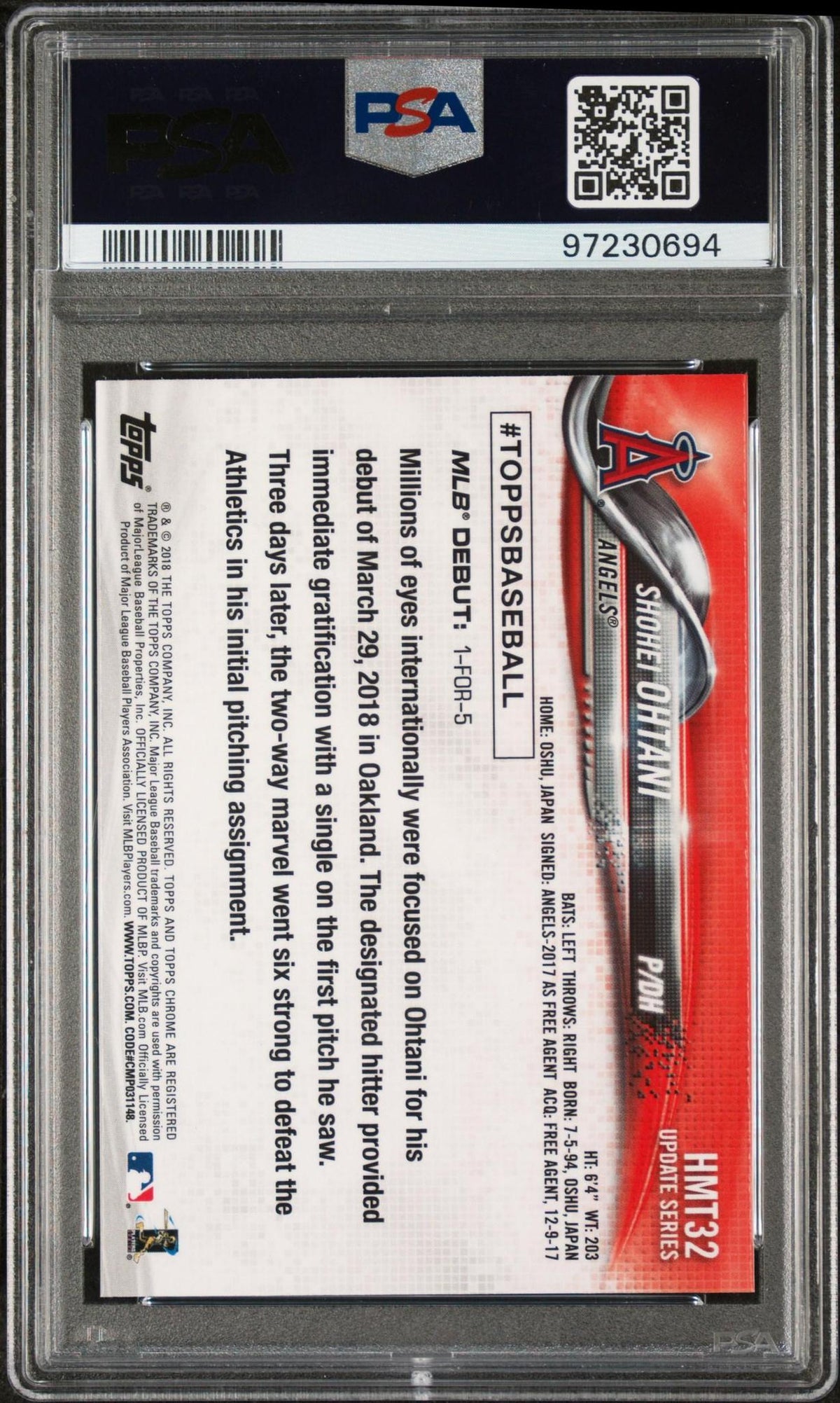2018 Topps Chrome Update #HMT32 Shohei Ohtani Update PSA 10