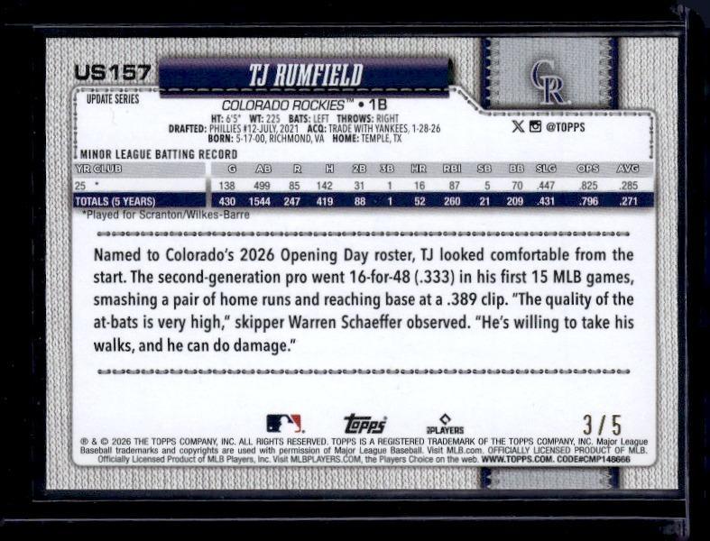 2026 Topps Update #US157 TJ Rumfield Red Sandglitter #/5