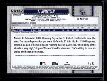 2026 Topps Update #US157 TJ Rumfield Red Sandglitter #/5
