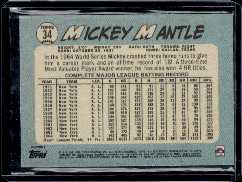 2021 Topps x Mickey Mantle #34 Mickey Mantle Yellow #/75