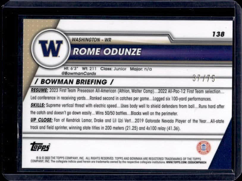 2023 Bowman University Sapphire Rome Odunze #138 Yellow Sapphire Refractor 1st Bowman