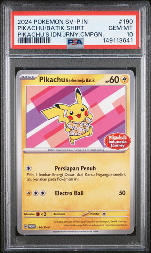 2024 POKEMON INDONESIAN SV-P PROMO 190 PIKACHU IN BATIK SHIRT PIKACHU'S INDONESIA JOURNEY CAMPAIGN PSA 10