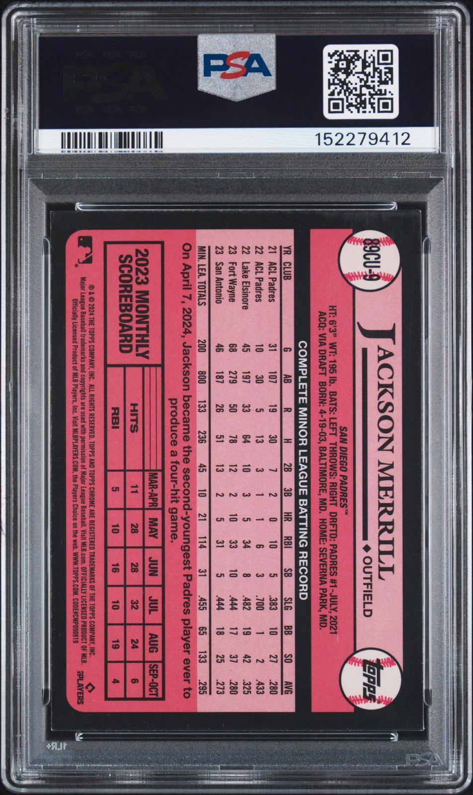 2024 Topps Chrome Update 1989 Topps Baseball #9 - Jackson Merrill PSA Authentic